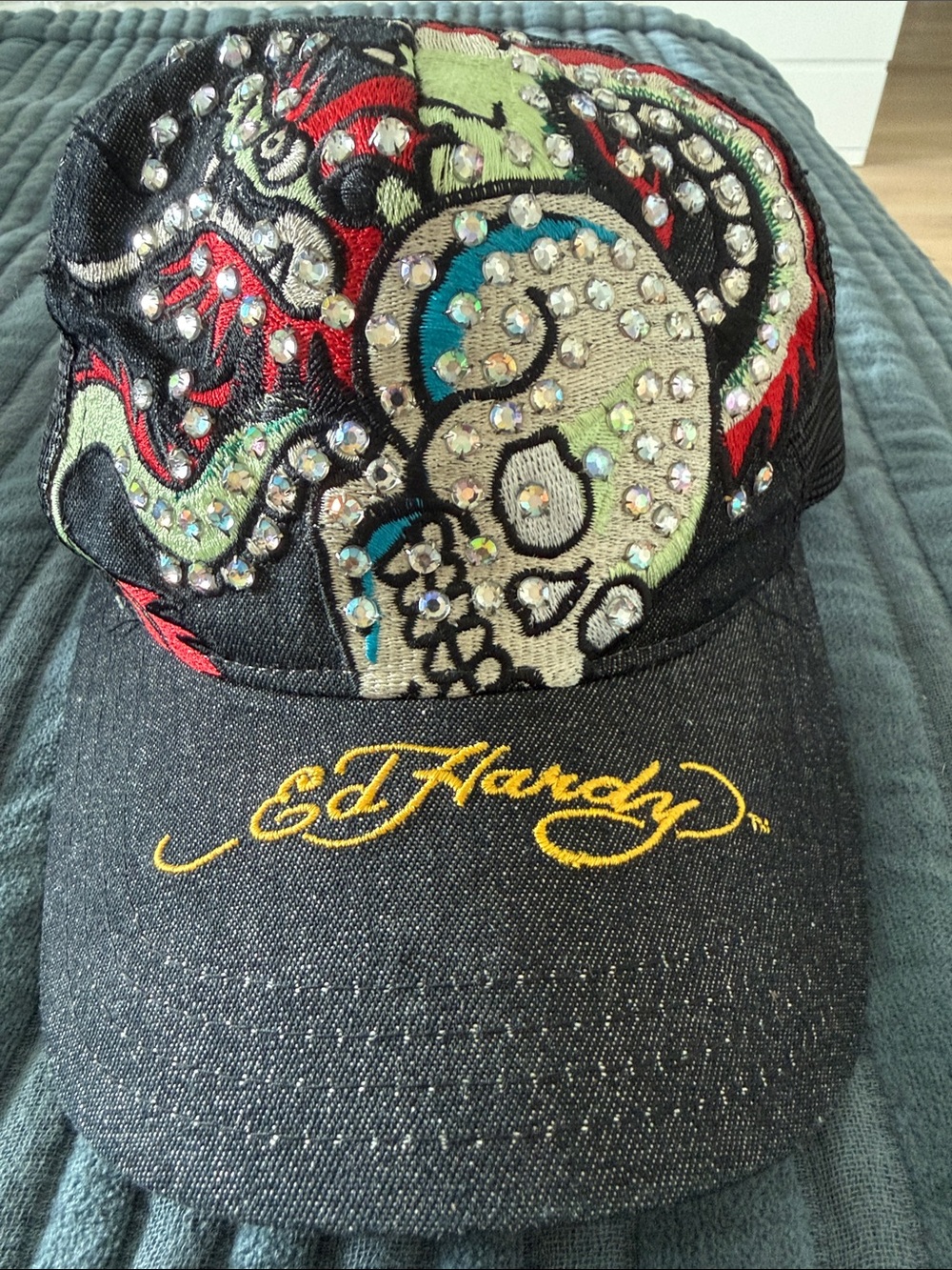 Ed Hardy Black Denim Cap with Rhinestone Skull and Red & Green Accents